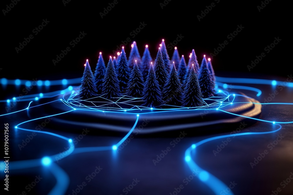 Poster magical forest connected by glowing, ethereal lines representing a mystical network of nature