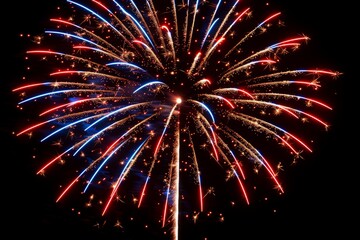 Colorful fireworks burst in the night sky during a summer celebration, illuminating the darkness with vibrant red and blue hues