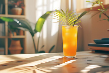 yellow drink on top of a wooden table,