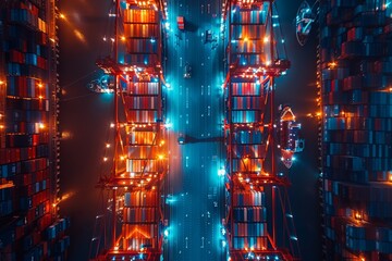 Fototapeta premium Aerial view of containers and docks illuminated at night in a busy shipping port, showcasing vibrant colors and active vessels