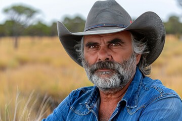 Fototapeta premium A rugged, bearded man in a wide-brimmed hat poses confidently outback landscape during the late afternoon