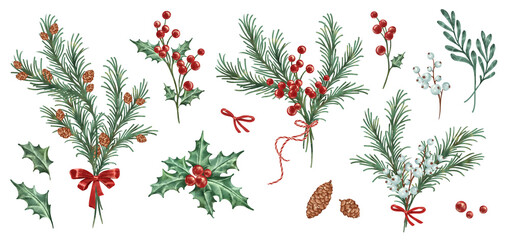 Christmas bouquets and branches, cones, berries and plants. Watercolor set.