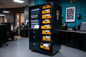 Open file cabinet with labeled files in a police station, representing organized case management