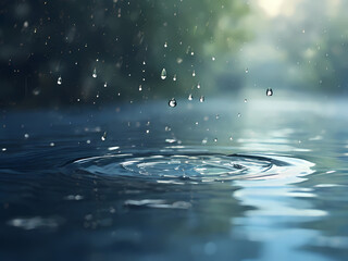 Image is a digital artwork depicting a serene and abstract scene of raindrops falling on a water surface. The style is realistic with a focus on capturing the delicate ripples and splashes