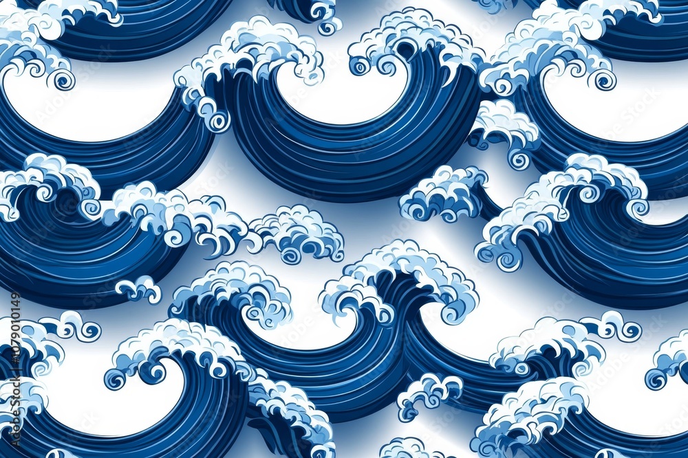 Poster Simple blue wave pattern on a white background, creating a peaceful and minimalist design