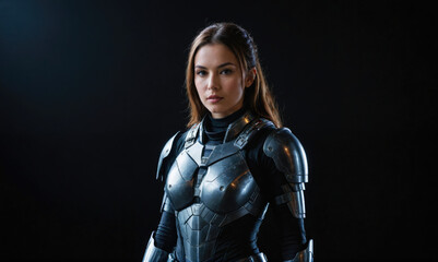 Fototapeta premium A woman wearing silver armor stares intensely at the camera