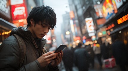 Fototapeta premium A young man absorbed in his smartphone amidst a bustling street.