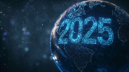 A digital representation of the Earth with the year 2025 in glowing blue, representing a futuristic concept of the new year.