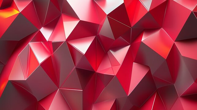 A vibrant red geometric pattern composed of sharp triangles and smooth gradients, with subtle lighting effects that enhance the depth and texture of the design, creating a sleek and modern feel.
