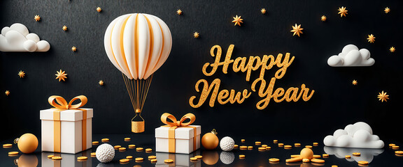 A gold balloon with a bow on it is floating above a black background with the words Happy New Year written in gold letters
