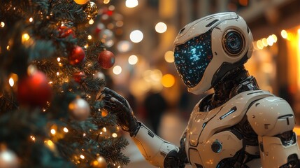 Fototapeta premium An android adds ornaments to a beautifully lit Christmas tree in a festive indoor setting