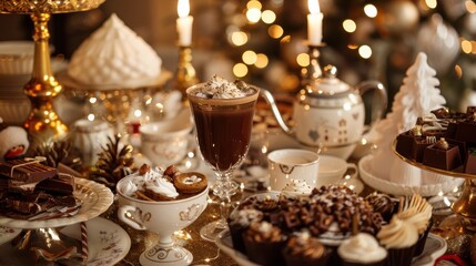 Elegant Holiday Dinner Setting with Hot Chocolate, Fine China, and Festive Decorations