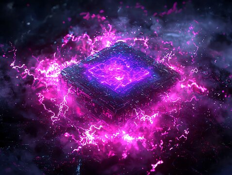 Futuristic neon chip surrounded by vibrant energy and mystical clouds.