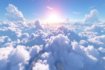 A stunning view of fluffy white clouds illuminated by a vibrant sunrise over the horizon offers a breathtaking aerial perspective