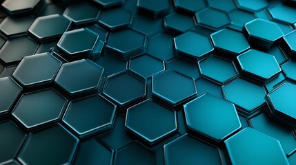 Fototapeta premium Abstract hexagonal grids arranged in a honeycomb pattern, each cell filled with a gradient from dark blue to teal, creating depth and a futuristic vibe.