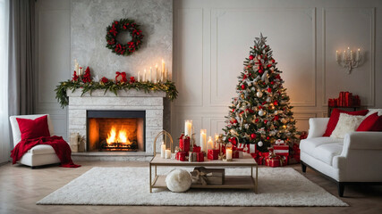 Elegant Christmas interior. Decorated living room with sofa, fireplace and  Christmas tree.