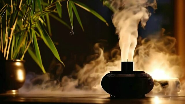 A modern diffuser releases a soft, calming mist of vapor, creating a serene atmosphere in a home.