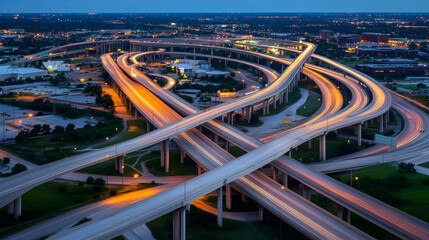 Aerial view of complex highway interchange with night lights and intricate patterns