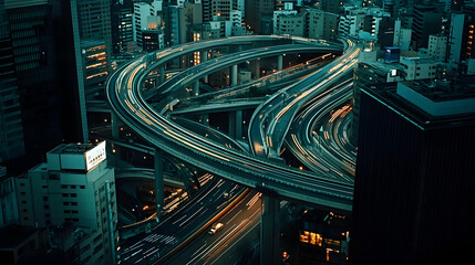 Fototapeta premium Aerial view of complex highway interchange with night lights and intricate patterns