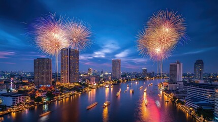 Fireworks Display Over City Skyline