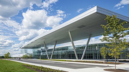 Modern building with a large canopy overhang over a paved driveway.