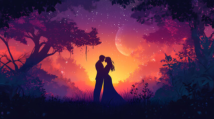 Romantic silhouette of couple in love embracing at sunset outdoor portrait. Romantic. Illustration