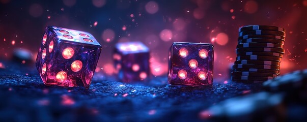 A close up of three dice and a pile of chips