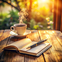 Naklejka premium Steaming cup of coffee next to an open journal on a rustic wooden table, bathed in golden sunlight, evoking peaceful morning inspiration and writing