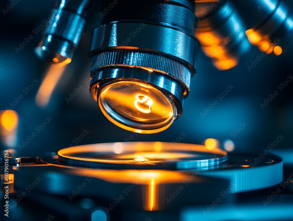 Poster Close-Up View of a Modern Microscope Lens Illuminated by Warm Light, Showcasing Precision in Scientific Research and Exploration of Tiny Worlds in a Laboratory Environment