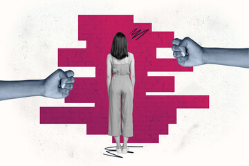 Composite trend artwork sketch image photo collage of bully harassment aggressive young lady stand...