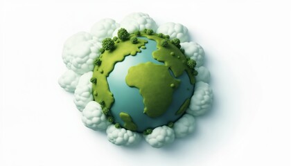 A detailed 3D illustration of a green planet with lush fields and dense forests, surrounded by translucent clouds that wrap around its curvature.