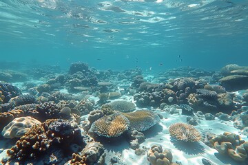 Fototapeta premium Underwater view of a vibrant coral reef ecosystem teeming with marine life in clear turquoise waters