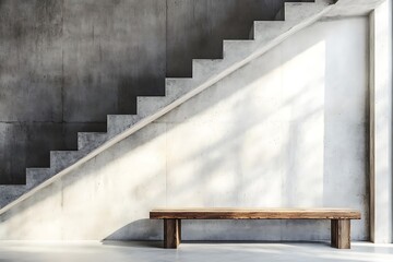 Loft interior design of modern entrance hall with staircase and rustic wooden bench near concrete wall with copy space