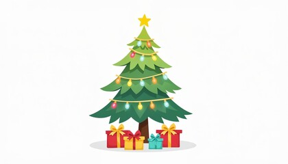 A cartoon-style Christmas tree with a bright yellow star and vibrant lights winding around the branches.