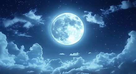 Fototapeta premium A beautiful full moon shines in the night sky, surrounded by clouds and stars.