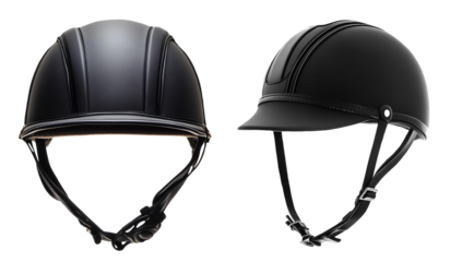 Set of black equestrian riding helmets, isolated on white or transparent background. 