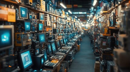 Fototapeta premium A bustling electronics store filled with vintage computers and devices.