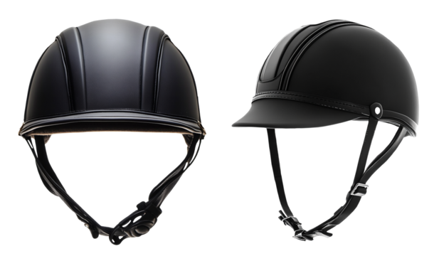 Set of black equestrian riding helmets, isolated on white or transparent background. 