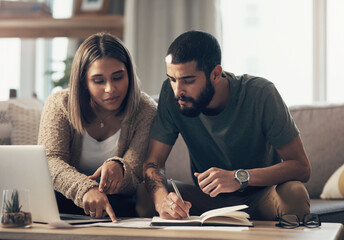 Home, couple and reading document on sofa for house insurance and life cover options. Apartment,...