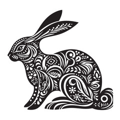 Rabbit in folk art black and white silhouette vector on white background 