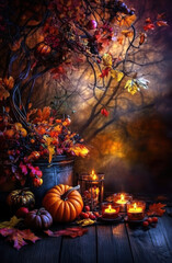 Obraz premium This enchanting autumn scene features vibrant leaves, pumpkins, and warm candles, capturing the essence of a cozy fall evening, perfect for celebrating the beauty of the harvest season.