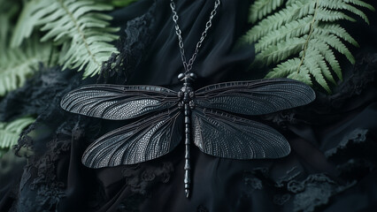 Elegant black dragonfly pendant resting on dark fabric and ferns in a serene setting