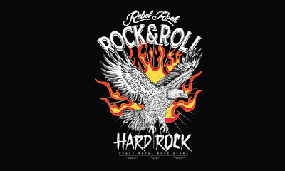 Fire with eagle artwork. Rock star design. Eagle fly vector artwork for t shirt and others. Rock and roll graphic print design for apparel, stickers, posters and background.