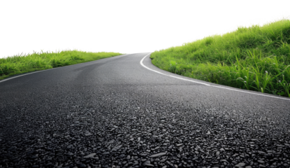Asphalt road curving through a lush green landscape on a transparent background.