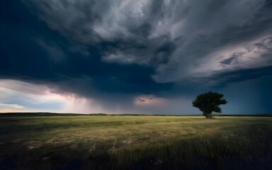 Obraz premium Moody Storm Over Open Prairie with Dark Clouds, Lone Tree, and Dramatic Sky
