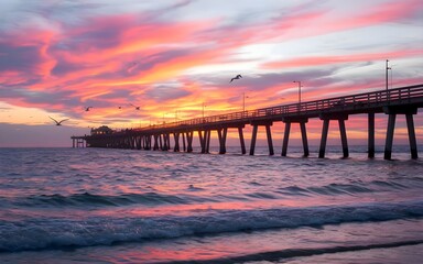 Fototapeta premium Sunset with Pier Silhouette Over Calm Water, Vibrant Sky, and Gentle Waves