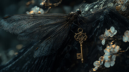 A mystical insect with translucent wings resting beside an ornate key on a bed of glowing flowers in a dark enchanted forest