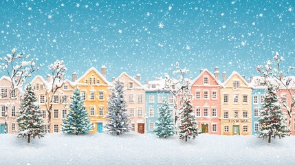 A picturesque winter scene featuring colorful houses covered in snow, surrounded by snow-laden trees under a clear blue sky, evoking warmth and nostalgia.
