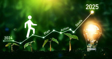 Growing plan of successful business in 2025 year and a figure climbs the ladder of success.	
New...