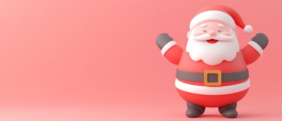 A cartoonish red santa standing on a pink background